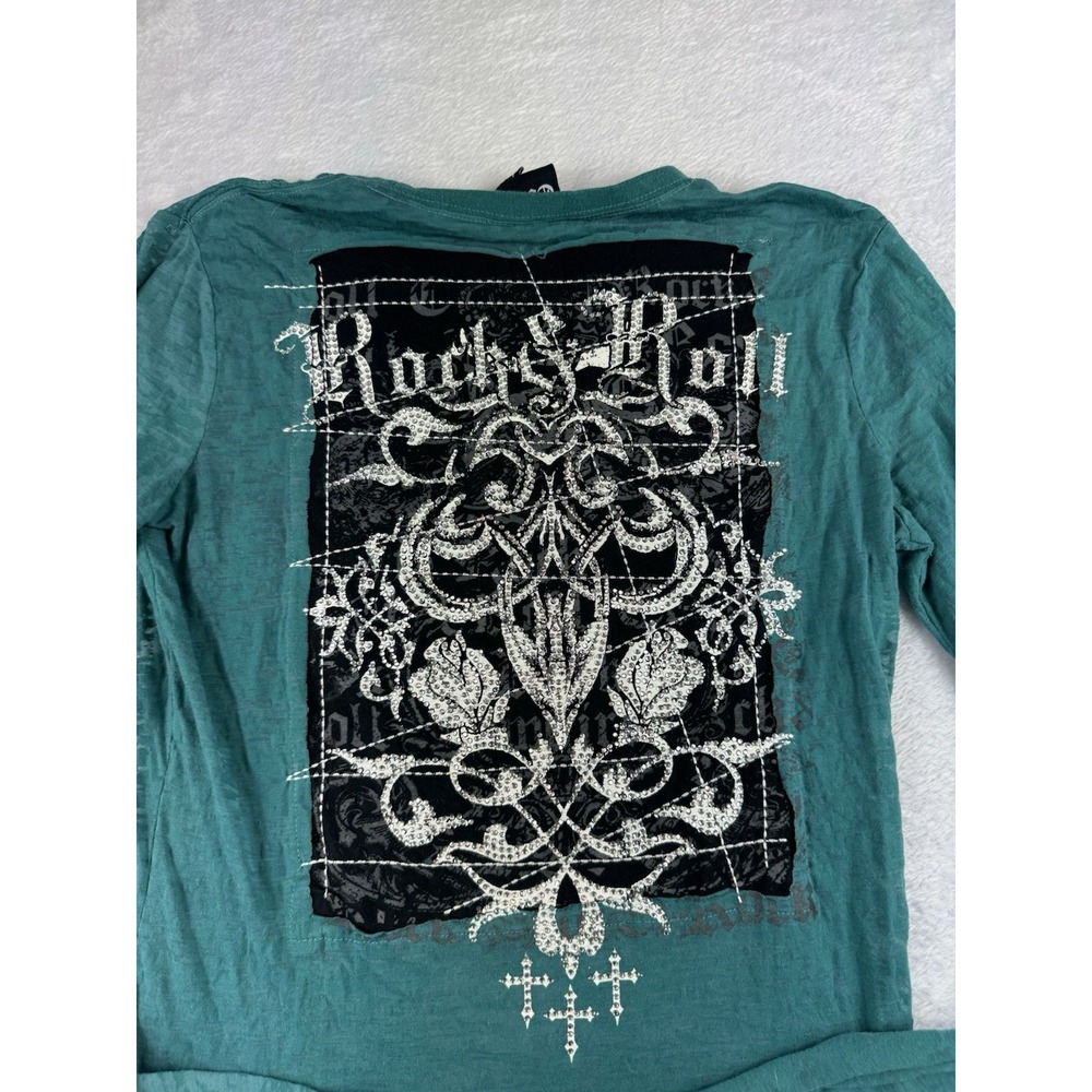 Rock & Roll Cowgirl Teal Juniors Embellish Long Sleeve Sheer T-Shirt Size L Punk